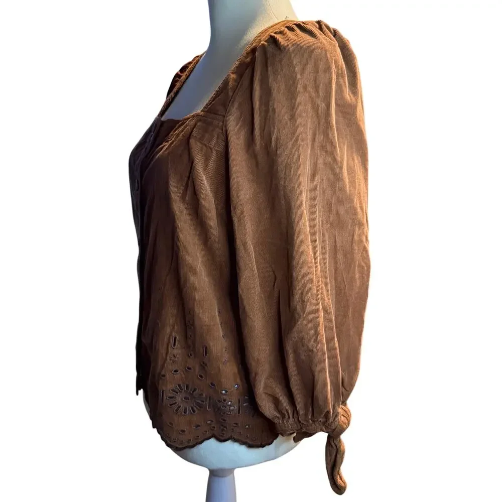 Madewell Embroidered Eyelet Corduroy Tie-Sleeve Top, Warm Coffee, Size Small